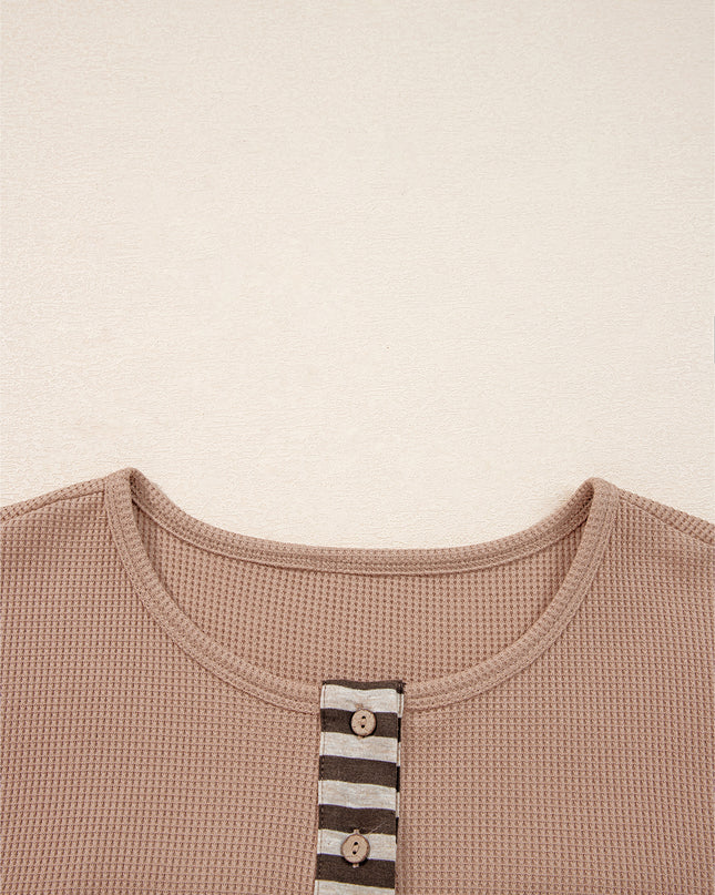 Straw Yellow Waffle Stripe Plaid Patchwork Henley Top