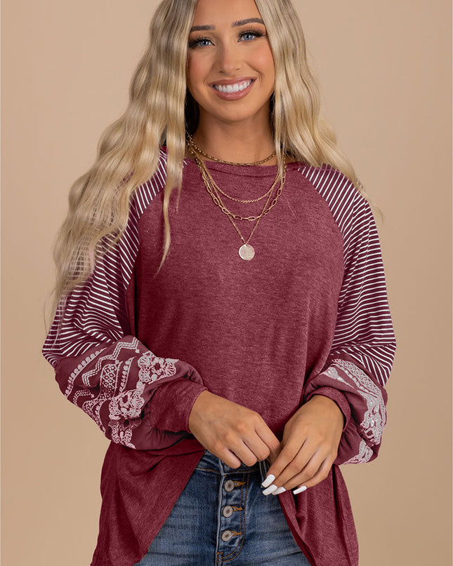 Rose Red Contrast Print Striped Raglan Long Sleeve Loose Top
