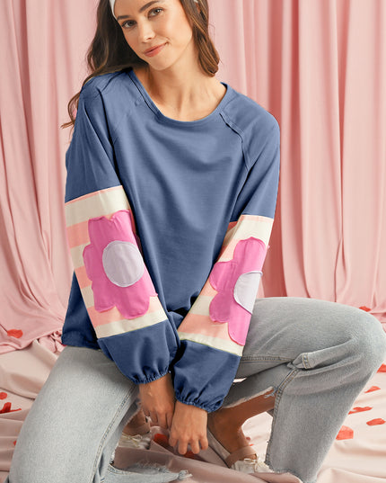 Smoke Green Flower Patchwork Exposed Seam Raglan Sleeve Top