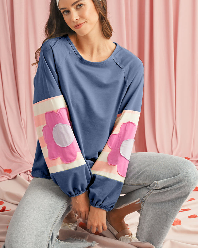 Smoke Green Flower Patchwork Exposed Seam Raglan Sleeve Top