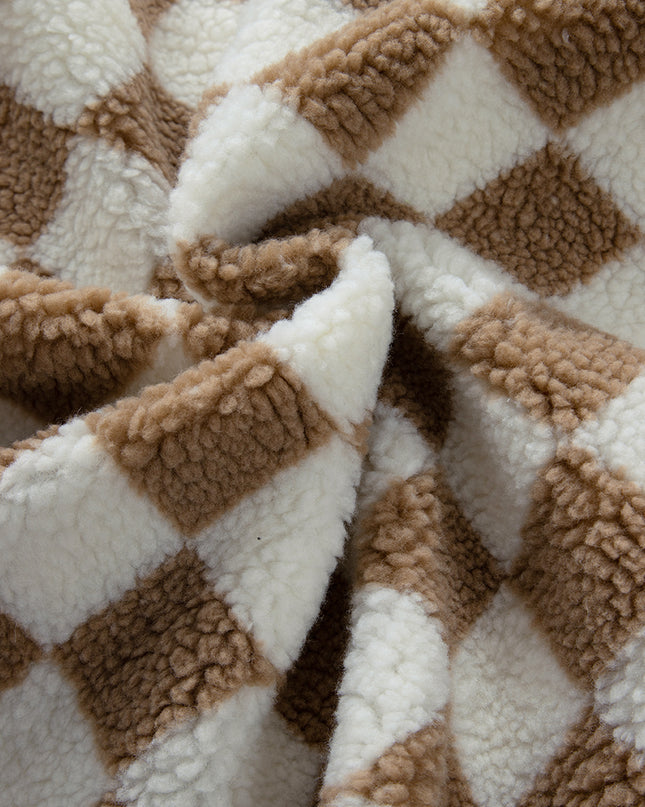 Khaki Checkered Sherpa Collared Jacket Vest