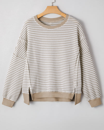 Brown Stripe Ribbed Trim Drop Shoulder Long Sleeve Oversized Top