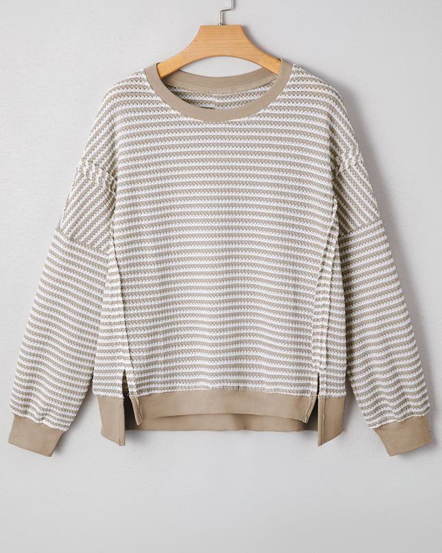 Brown Stripe Ribbed Trim Drop Shoulder Long Sleeve Oversized Top