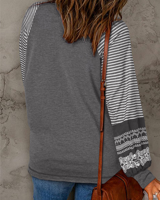 Rose Red Contrast Print Striped Raglan Long Sleeve Loose Top