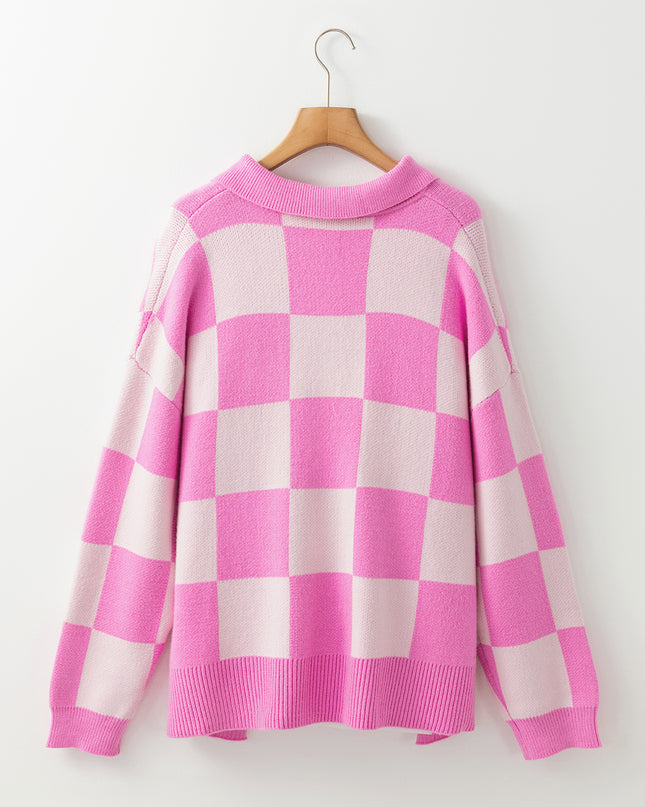 Pink Checkered Button Collared Sweater