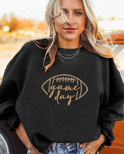 Dark Blue Football Graphic Drop Shoulder Game Day Corded Sweatshirt