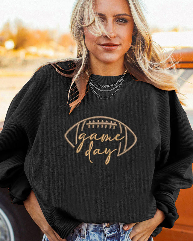 Dark Blue Football Graphic Drop Shoulder Game Day Corded Sweatshirt