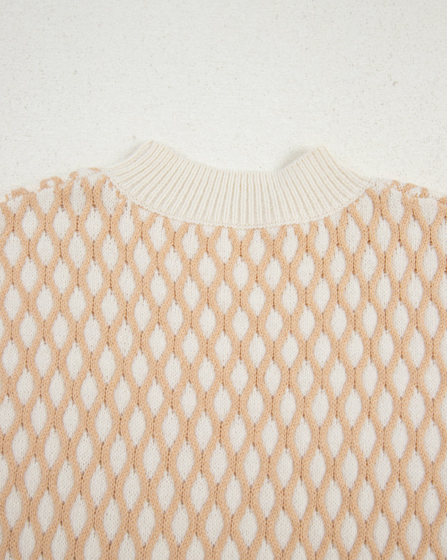 Smoke Gray Checkered Textured Knit Mock Neck Sweater
