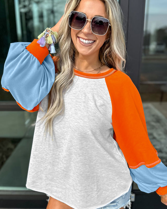 Light Grey Colorblock Raglan Sleeve Loose Fit Top