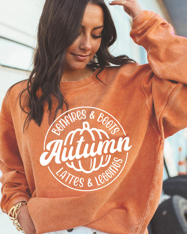 Orange Pumpkin Graphic Print Corded Oversized Sweatshirt
