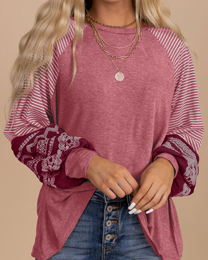 Rose Red Contrast Print Striped Raglan Long Sleeve Loose Top
