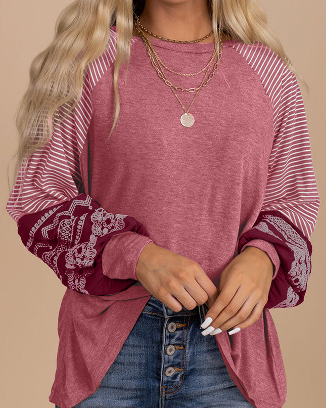 Rose Red Contrast Print Striped Raglan Long Sleeve Loose Top