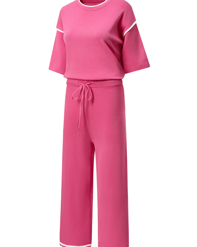 Navy Blue Loose Contrast Trim Half Sleeve Top and Drawstring Pants Set