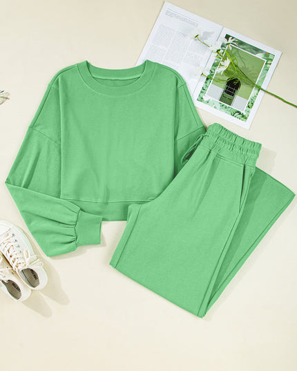 Mist Blue Wide-Leg Lounge Set | Drop Shoulder Crop Pullover & Drawstring Pants