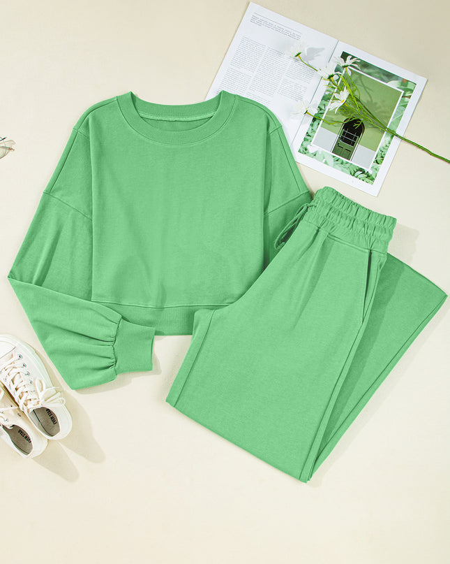 Mist Blue Wide-Leg Lounge Set | Drop Shoulder Crop Pullover & Drawstring Pants