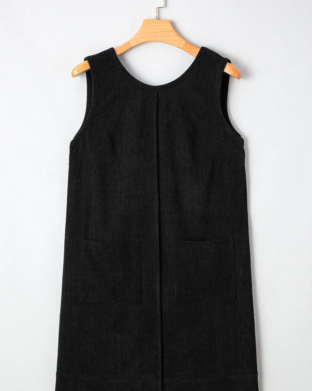 Black Corduroy Exposed Seam Sleeveless Mini Dress