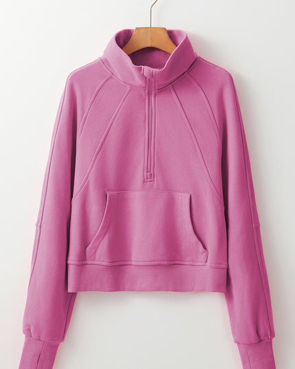 Black Zip Up Stand Collar Ribbed Thumbhole Sleeve Sweatshirt