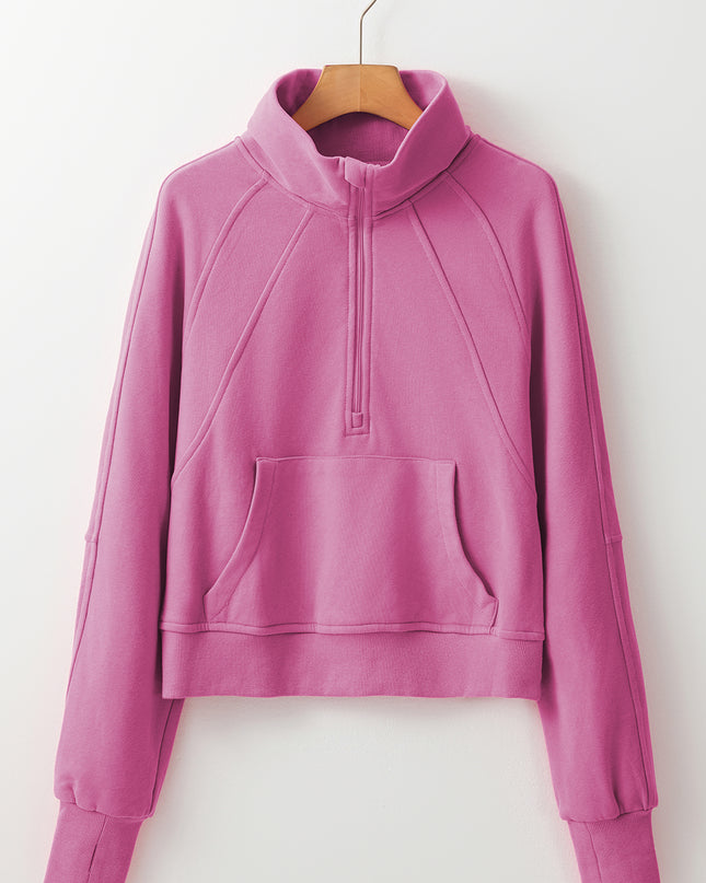 Black Zip Up Stand Collar Ribbed Thumbhole Sleeve Sweatshirt