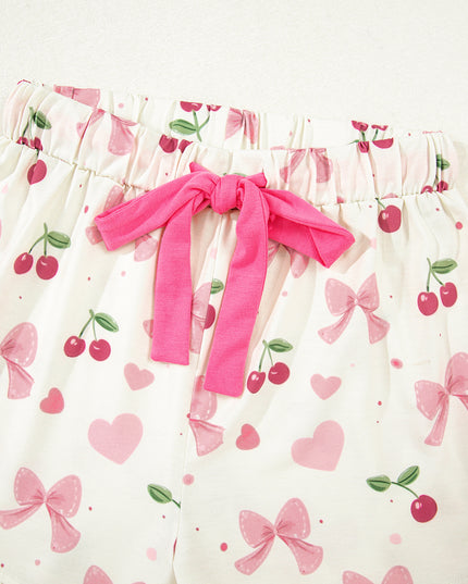 Pink Polka Dot and Bow Print Ruffle Hem Shorts Pajama Set