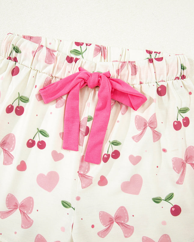 Pink Polka Dot and Bow Print Ruffle Hem Shorts Pajama Set