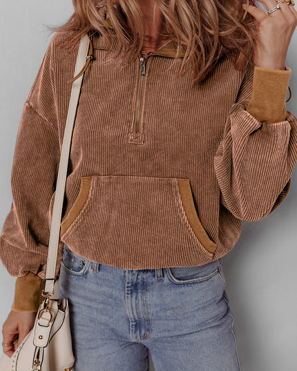 Chestnut Half Zipper Kangaroo Pocket Drawstring Corduroy Hoodie