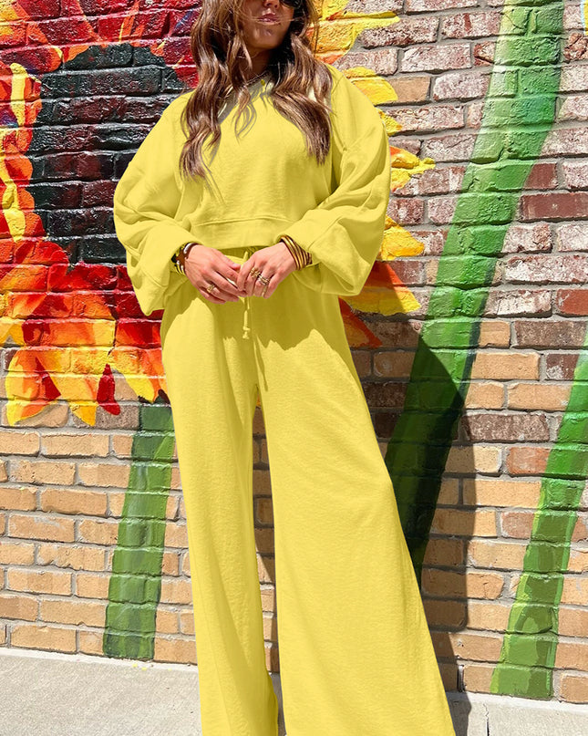 Mist Blue Wide-Leg Lounge Set | Drop Shoulder Crop Pullover & Drawstring Pants