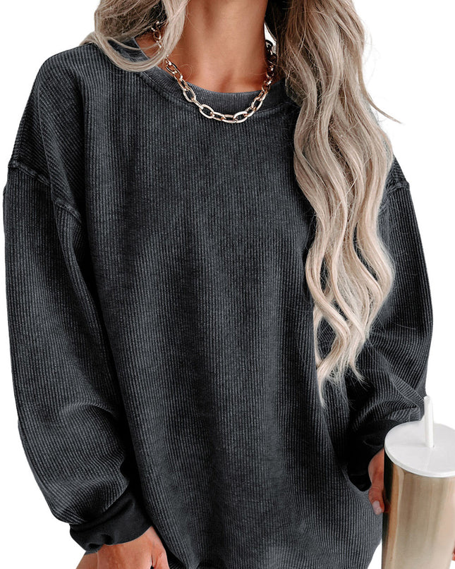 Green Ribbed Round Neck Drop Sleeve Pullover Sweatshirt