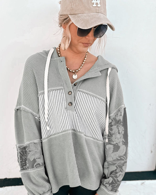 Gray Waffle Patchwork Drawstring Hooded Long Sleeve Top