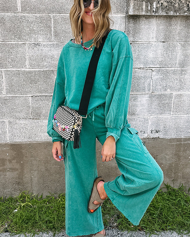 Lapis Mineral Wash Pullover and Wide Leg Cargo Pants Set