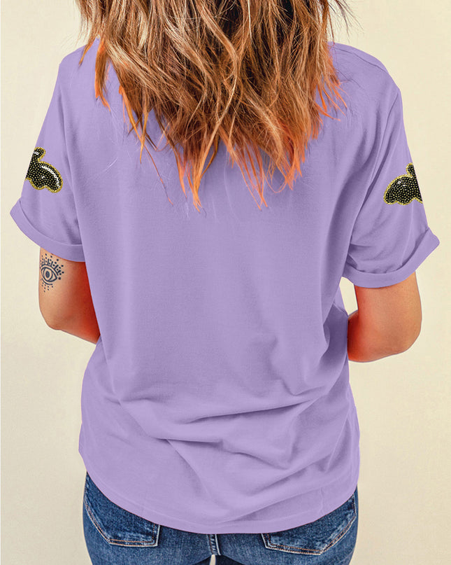 Wisteria Sequin Halloween Bat Patched Casual T Shirt