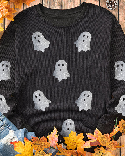 Pink Halloween Ghost Corded Crew Neck Loose Sweatshirt