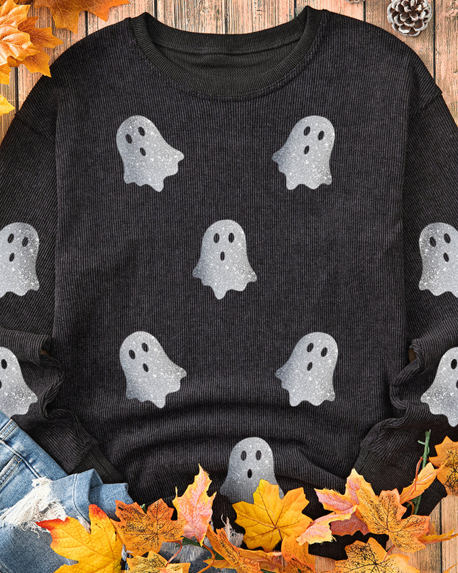 Pink Halloween Ghost Corded Crew Neck Loose Sweatshirt