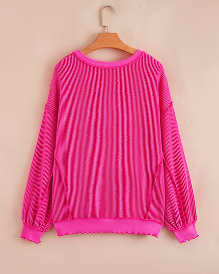 Strawberry Pink Twisted Ribbed Seamed Patchwork Long Sleeve Top
