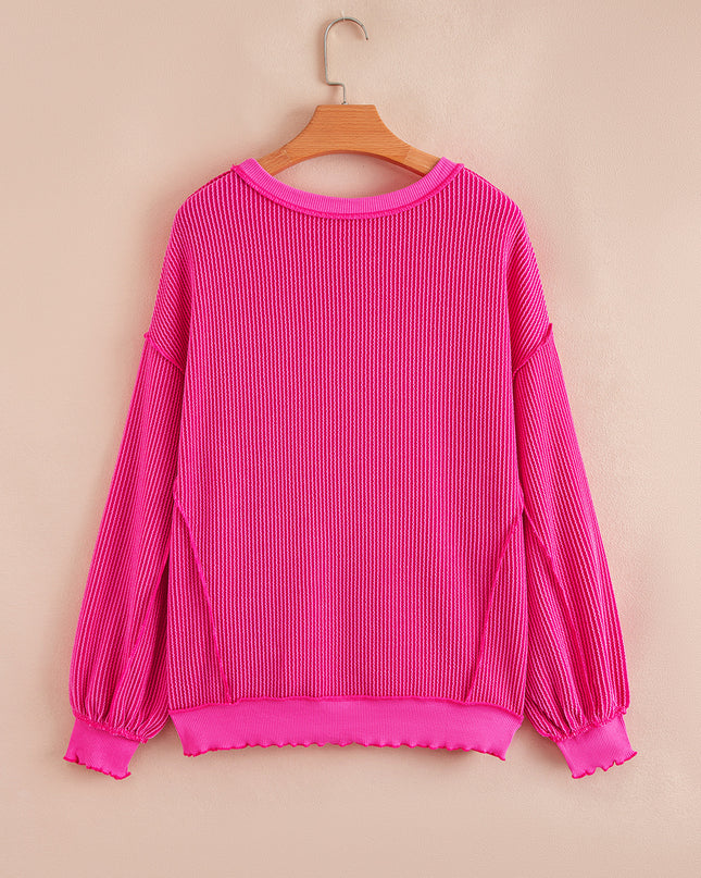 Strawberry Pink Twisted Ribbed Seamed Patchwork Long Sleeve Top