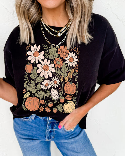 Black Wild Flower Pumpkin Print T Shirt