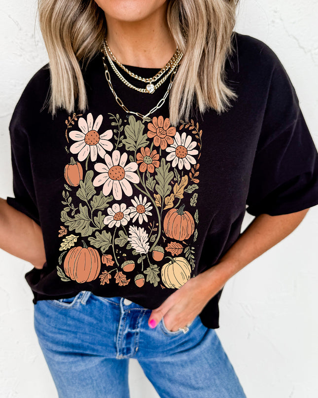 Black Wild Flower Pumpkin Print T Shirt