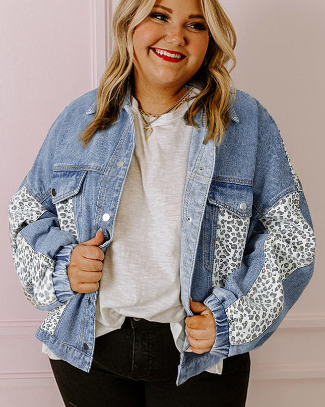 Beau Blue Leopard Patchwork Plus Size Denim Jacket