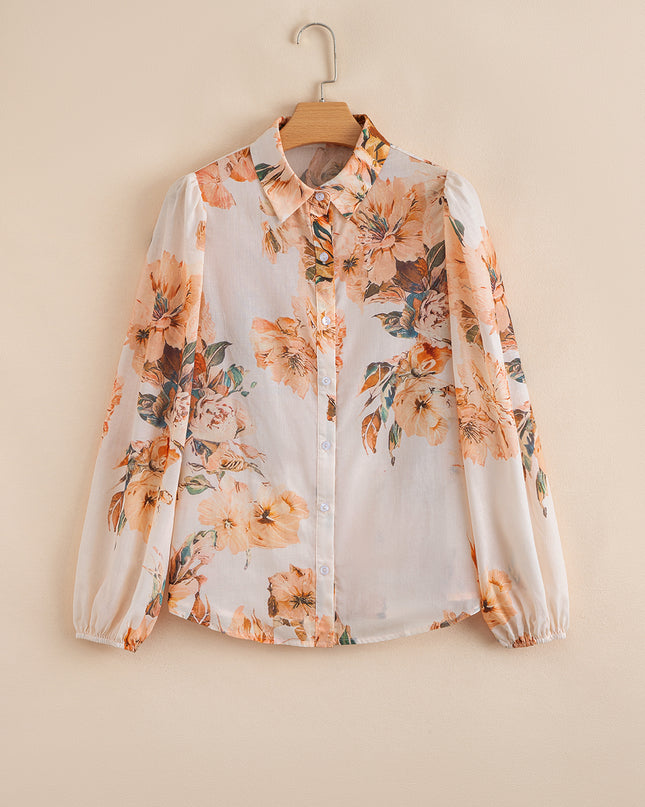 Orange Floral Puff Sleeve Lightweight Shirt