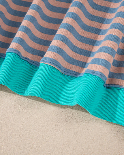 Blue Striped Contrast Trim Drop Shoulder Sweatshirt