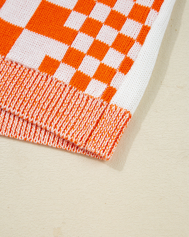 Orange Checkered Open Front Drop Shoulder Cardigan