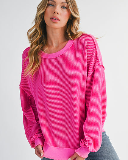 Strawberry Pink Twisted Ribbed Seamed Patchwork Long Sleeve Top