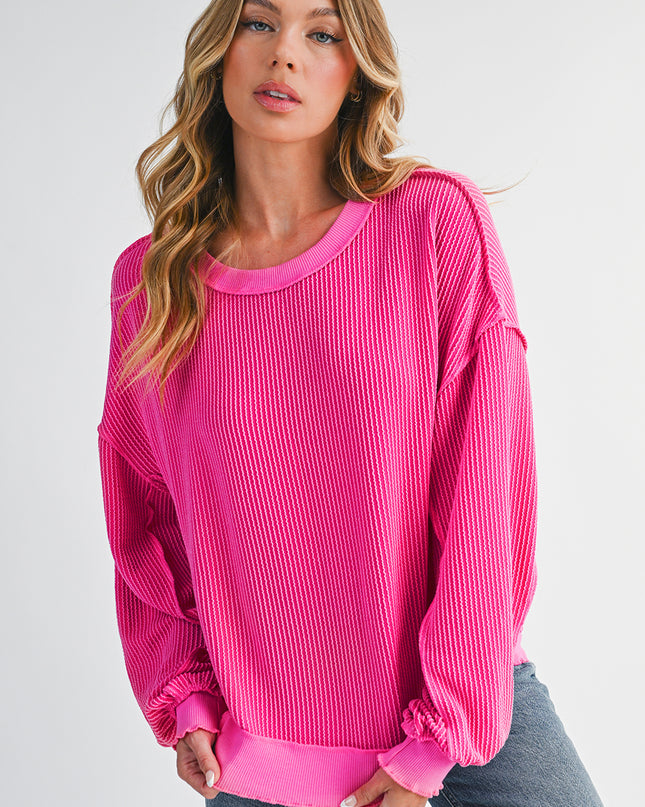 Strawberry Pink Twisted Ribbed Seamed Patchwork Long Sleeve Top