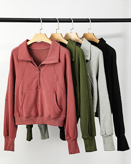 Black Zip Up Stand Collar Ribbed Thumbhole Sleeve Sweatshirt