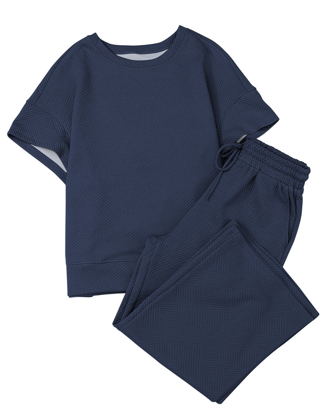 Black Textured Loose Fit T Shirt and Drawstring Pants Set