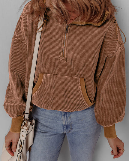 Chestnut Half Zipper Kangaroo Pocket Drawstring Corduroy Hoodie