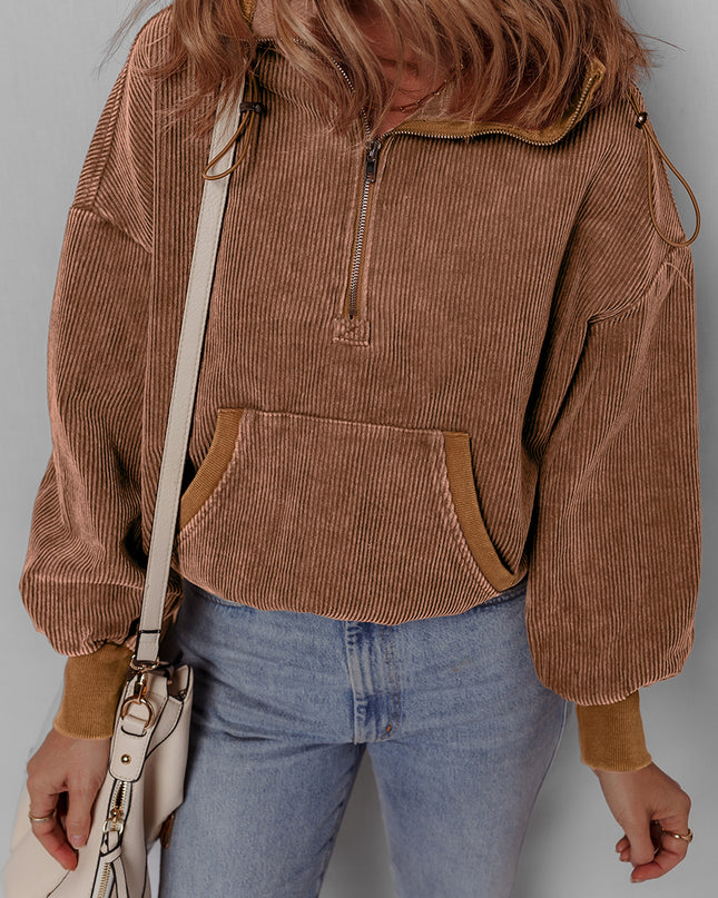 Chestnut Half Zipper Kangaroo Pocket Drawstring Corduroy Hoodie