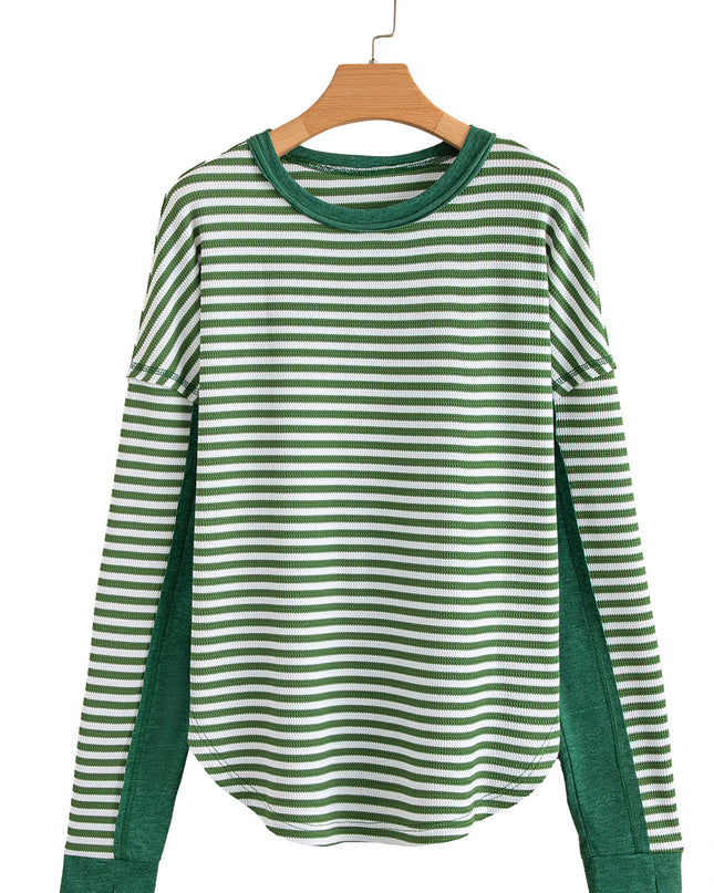 Green Striped Patchwork Knit Drop Shoulder Top