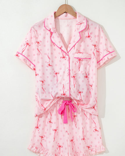 Pink Polka Dot and Bow Print Ruffle Hem Shorts Pajama Set