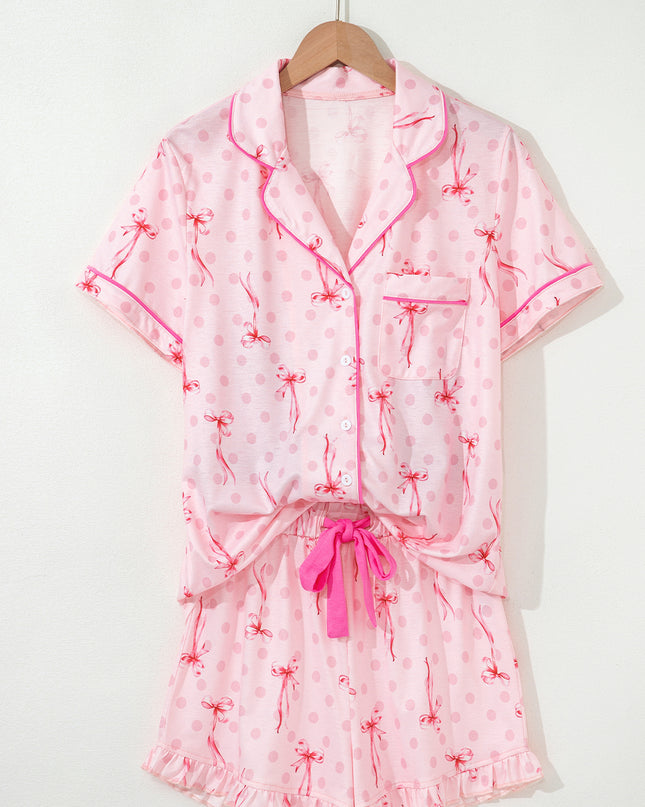 Pink Polka Dot and Bow Print Ruffle Hem Shorts Pajama Set