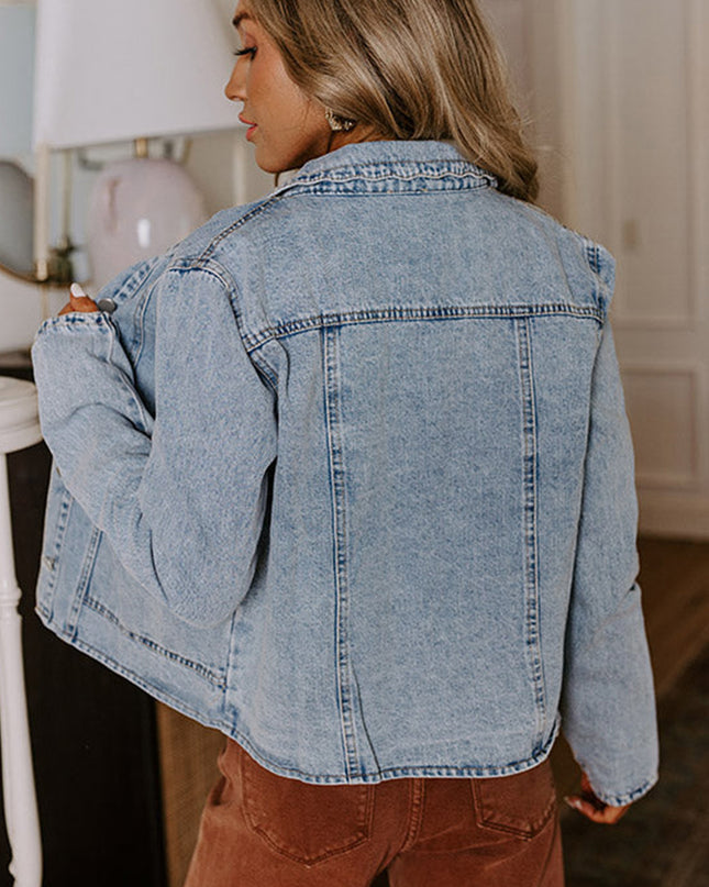 Myosotis Scallop Trim Collar Pocket Button Up Denim Jacket